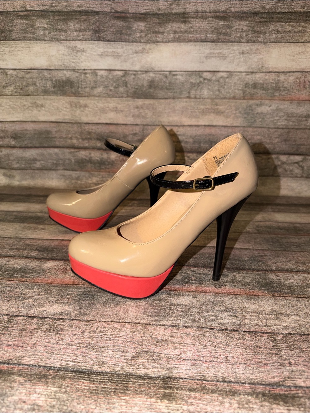Massimo Beige Patent Platform Pumps with Coral Platform and Black Strap